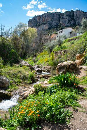Landscape with a small waterfall in the mountainsの写真素材