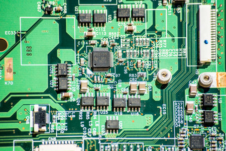 Electronic circuit board close-up. Technology and electronics background.の写真素材