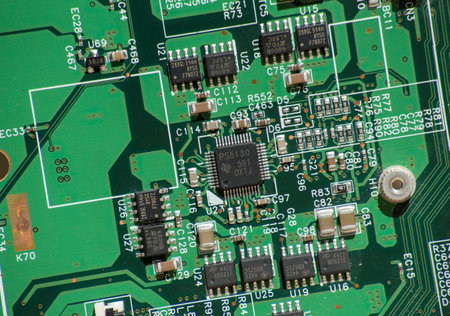 Electronic circuit board, closeup of electronic circuit board with electronic componentsの写真素材