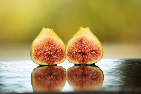 Ripe figs on a table with a blurred background.の写真素材