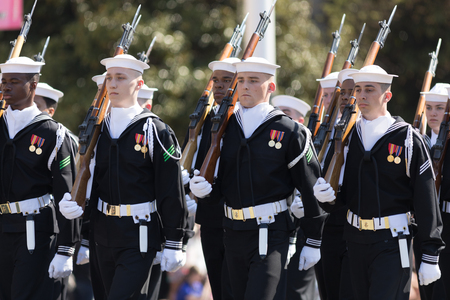 Washington, D.C., USA - April 14, 2018 Members of the USA military marching in the 2018 National Cherry Blossom Paradeのeditorial素材