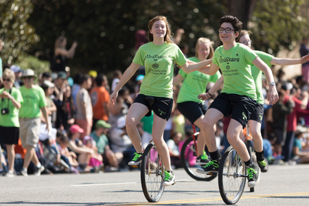 Washington, D.C., USA - April 14, 2018 Children riding unicycles in the 2018 National Cherry Blossom Paradeのeditorial素材
