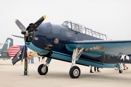 Peru, Illinois, USA - May 19, 2018 Grumman TBF, TBM Avenger parked on the tarmac during the airshow,...