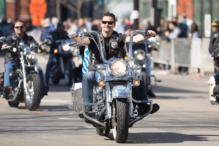 Chicago, Illinois, USA - April 29, 2018 Greek bikers carrying greek and american flags at the Greek Independence  Day Paradeのeditorial素材