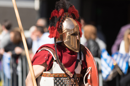 Chicago, Illinois, USA - April 29, 2018 Greek man dress up as spartan at the Greek Independence  Day Paradeのeditorial素材