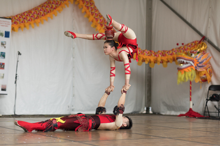Columbus, Ohio, USA - May 27, 2018 Members of the Wuhan Acrobatic Troupe acrobatic team performs at the Asian Festival.のeditorial素材