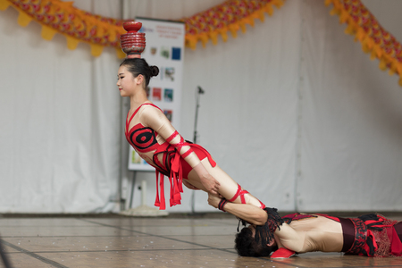 Columbus, Ohio, USA - May 27, 2018 Members of the Wuhan Acrobatic Troupe acrobatic team performs at the Asian Festival.のeditorial素材