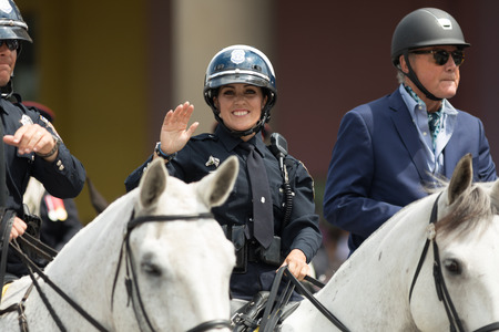 Indianapolis, Indiana, USA - May 26, 2018, Police officers on horses going down the street at the Indy 500 Paradeのeditorial素材