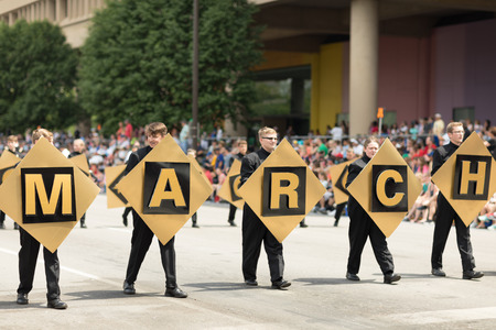 Indianapolis, Indiana, USA - May 26, 2018, Members of the black and gold marching band   at the Indy 500 Paradeのeditorial素材
