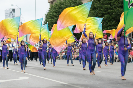 Indianapolis, Indiana, USA - May 26, 2018, Members of the Concord High School Marching Minutemen from Elkhart, Indiana perform at the Indy 500 Paradeのeditorial素材