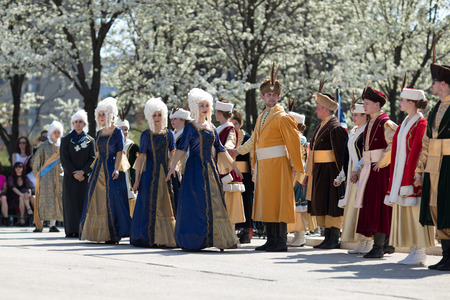 Chicago, Illinois, USA - May 05, 2018 Members of Polonia, polish folk song and dance ensemble, wearing traditional clothing, perform polish traditional dancing at the Grant Park, after the Polish Constitution Day Parade.のeditorial素材