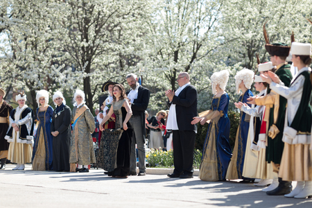 Chicago, Illinois, USA - May 05, 2018 Members of Polonia, polish folk song and dance ensemble, wearing traditional clothing, perform polish traditional dancing at the Grant Park, after the Polish Constitution Day Parade.のeditorial素材