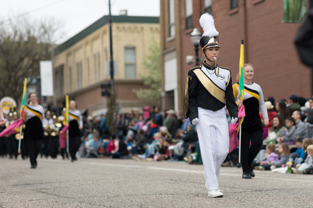 Holland, Michigan, USA - May 12, 2018 Members of the Hamilton High School marching band perform at the Muziek Parade, during the Tulip Time Festivalのeditorial素材