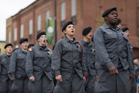 Holland, Michigan, USA - May 12, 2018 Members of the Michigan Youth ChalleNGe Academy marching down...