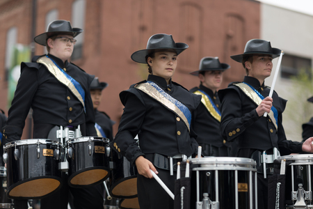 Holland, Michigan, USA - May 12, 2018 The Wildcats Mattawan Marching band at the Muziek Parade, during the Tulip Time Festivalのeditorial素材
