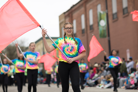 Holland, Michigan, USA - May 12, 2018 Members of the west Ottawa 7th Grade marching band perform at the Muziek Parade, during the Tulip Time Festivalのeditorial素材