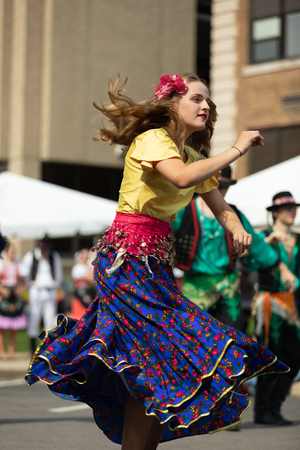 Whiting, Indiana, USA - July 28, 2018 Men and women wearing traditional slovak clothing perform traditional slovak gypsy dance at the Pierogi Festのeditorial素材