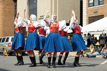 Whiting, Indiana, USA - July 28, 2018 Men and women wearing traditional slovak clothing perform...