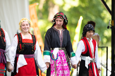 St. Louis, Missouri, USA - August 26, 2018: The Festival of Nations, Young men and women from the Greek Dancers of The Assumption Greek Orthodox Church perform traditional Greek dancesのeditorial素材