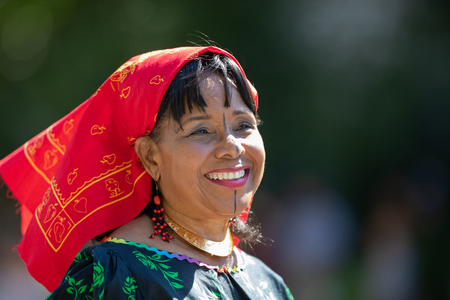 Washington, D.C., USA - September 29, 2018: The Fiesta DC Parade, Woman wearing traditional Panamanian clothing dancingのeditorial素材