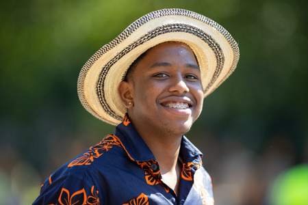 Washington, D.C., USA - September 29, 2018: The Fiesta DC Parade, Man wearing traditional clothing smiles at the cameraのeditorial素材