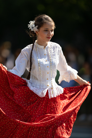 Washington, D.C., USA - September 29, 2018: The Fiesta DC Parade, Woman wearing traditional Panamanian clothing dancingのeditorial素材