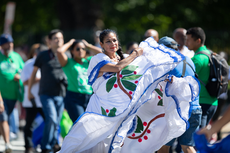 Washington, D.C., USA - September 29, 2018: The Fiesta DC Parade, Dancer wearing traditional clothing from el Salvadorのeditorial素材