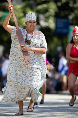 Washington, D.C., USA - September 29, 2018: The Fiesta DC Parade, peruvian man wearing traditional clothing danicng during the paradeのeditorial素材