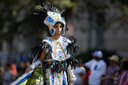 Washington, D.C., USA - September 29, 2018: The Fiesta DC Parade, Man from El Salvador wearing traditional clothing and dancingのeditorial素材