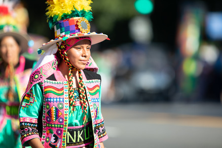 Washington, D.C., USA - September 29, 2018: The Fiesta DC Parade, bolivian woman wearing traditional...