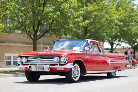 Kokomo, Indiana, USA - June 30, 2018: Haynes Apperson Parade, A Classic car Chevrolet El Camino color red, going down the road at the paradeのeditorial素材
