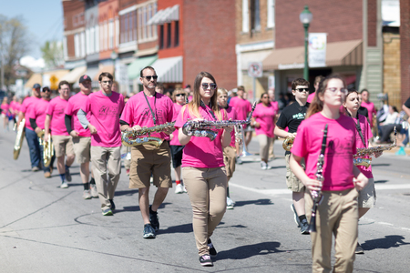Orleans, Indiana, USA - April 28, 2018: The Orleans DogWood Festival and Parade, Orleans High Shcool marching band Go Dawgs Perform during the paradeのeditorial素材