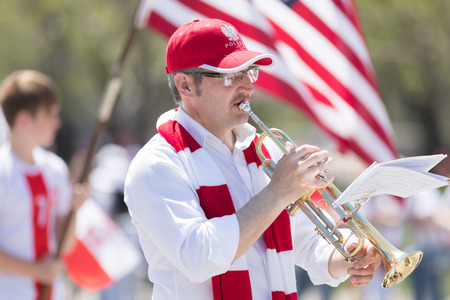 Chicago, Illinois, USA - May 5, 2018: The Polish Constitution Day Parade, A Polish marching band...