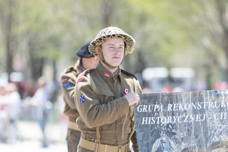 Chicago, Illinois, USA - May 5, 2018: The Polish Constitution Day Parade, Polish men wearing polish military uniform from world war II during the paradeのeditorial素材