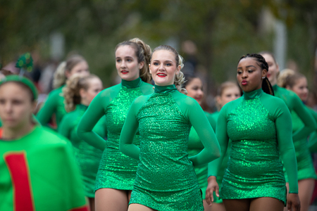 Houston, Texas, USA - November 22, 2018 The H-E-B Thanksgiving Day Parade, The Brahmadoras from Bellville High School dance group, dancing at the paradeのeditorial素材
