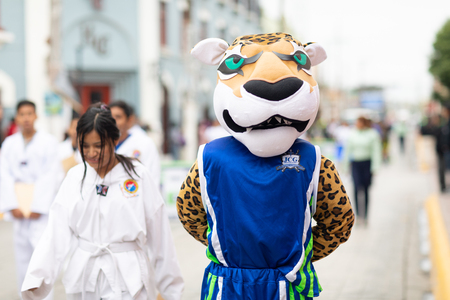 Matamoros, Tamaulipas, Mexico - November 20, 2018: The November 20 Parade, Man dress up as a Tiger, mascot of the prepa JCGのeditorial素材