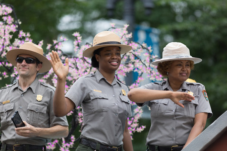 Washington, D.C., USA - May 28, 2018: The National Memorial Day Parade, Members of the national park service, riding on a float down constitution avenue during the paradeのeditorial素材