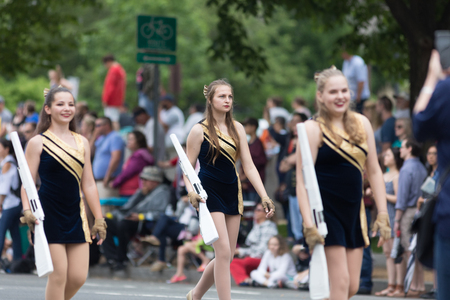 Washington, D.C., USA - May 28, 2018: The National Memorial Day Parade, The Boca Raton Pride of Gold Coast marching band from Boca Raton, Florida, going down constitution avenueのeditorial素材