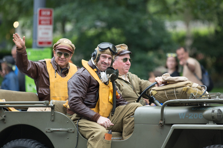 Washington, D.C., USA - May 28, 2018: The National Memorial Day Parade, Men on jeeps dress up as...