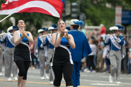 Washington, D.C., USA - May 28, 2018: The National Memorial Day Parade, Members of the Blue Ridge High School Marching Knights from Farmer city, Illinois, going down Constitution Avenueのeditorial素材