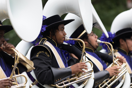 Washington, D.C., USA - May 28, 2018: The National Memorial Day Parade, Members of the Musketeer Marching Band from New York going down constitution avenueのeditorial素材