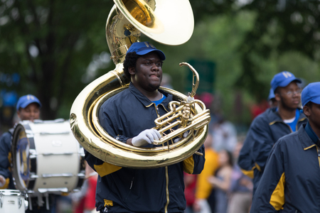 Washington, D.C., USA - May 28, 2018: The National Memorial Day Parade, Members of the Ballou H.S. Marching Knights, marching down Constitution Avenueのeditorial素材