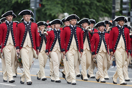 Washington, D.C., USA - May 28, 2018: The National Memorial Day Parade, Members of The U.S. Army Old Guard Fife and Drum Corps, marching down Constitution Avenueのeditorial素材