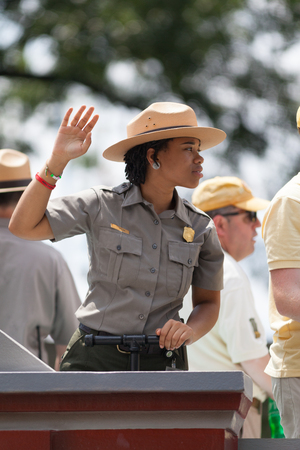Washington, D.C., USA - July 4, 2018, The National Independence Day Parade, Members of the National Park Service, on a float, going down constitution avenueのeditorial素材