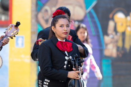 Chicago, Illinois, USA - September 15, 2018: Pilsen Mexican Independence Day Parade, A group of mexican mariachis, wearing traditional clothing, walking down the streetのeditorial素材