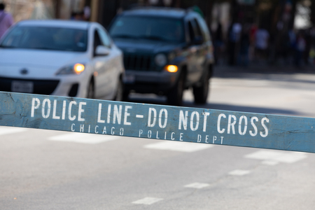 Chicago, Illinois, USA - September 15, 2018: Chicago city street blocked by the Chichago Police Departmentのeditorial素材