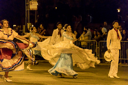 Chicago, Illinois, USA - October 21, 2017: The Arts in the Dark, The Halloween Parade, People wearing colorfull outfits walking down Columbus Street.のeditorial素材