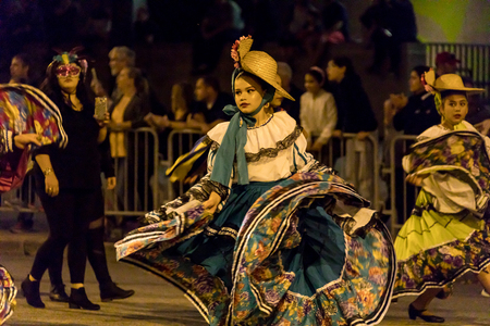 Chicago, Illinois, USA - October 21, 2017: The Arts in the Dark, The Halloween Parade, People wearing colorfull outfits walking down Columbus Street.のeditorial素材