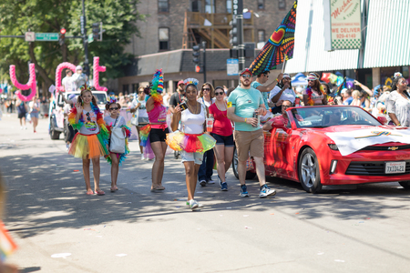 Chicago, Illinois, USA - June 24, 2018: the LGBTQ Pride Parade, People wearing colorfull outfits, celebrating on the streets of Chicagoのeditorial素材