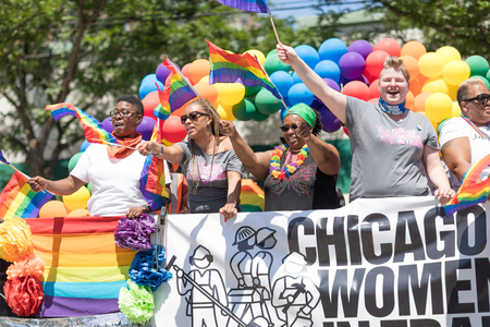 Chicago, Illinois, USA - June 24, 2018: the LGBTQ Pride Parade, People wearing colorfull outfits, celebrating on the streets of Chicagoのeditorial素材